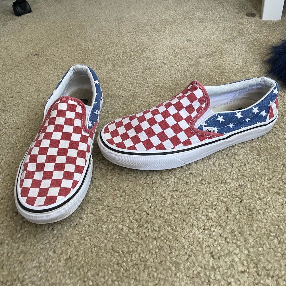 Red white and blue checkered and star slip on vans